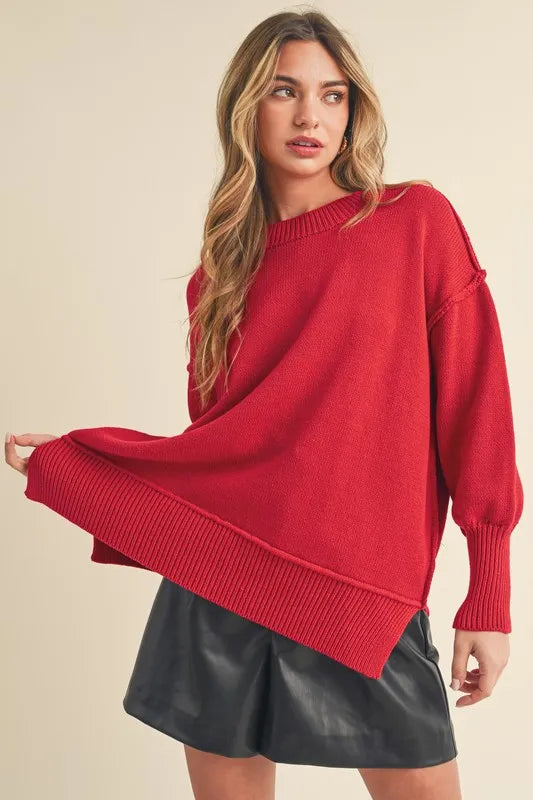 Aemi+Co Ribbed Hem Side Slit Round Neck Sweater RED