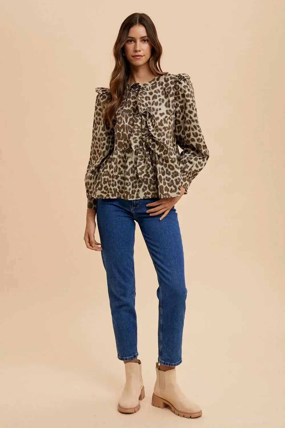 Annie Wear Tied Leopard Round Neck Peplum Blouse - DAVERRI FASHIONS
