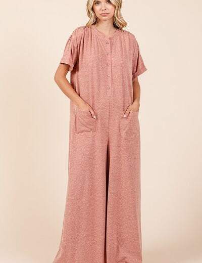 Mittoshop Button Detail Short Sleeve Wide Leg Jumpsuit Ginger