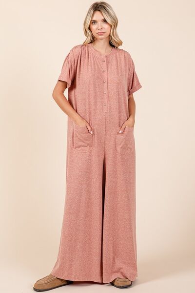 Mittoshop Button Detail Short Sleeve Wide Leg Jumpsuit Ginger