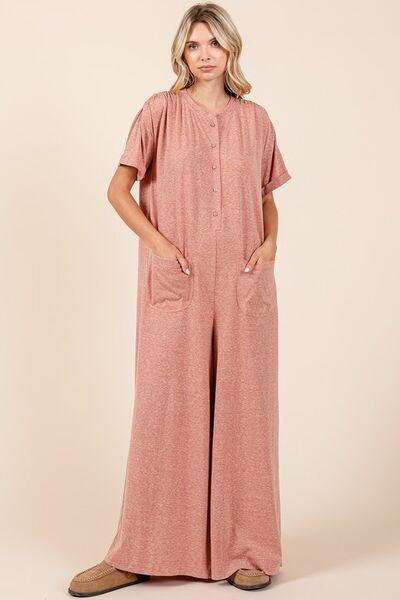 Mittoshop Button Detail Short Sleeve Wide Leg Jumpsuit Ginger M