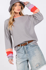 SAGE + FIG Color Block Waffle Knit T-Shirt Grey