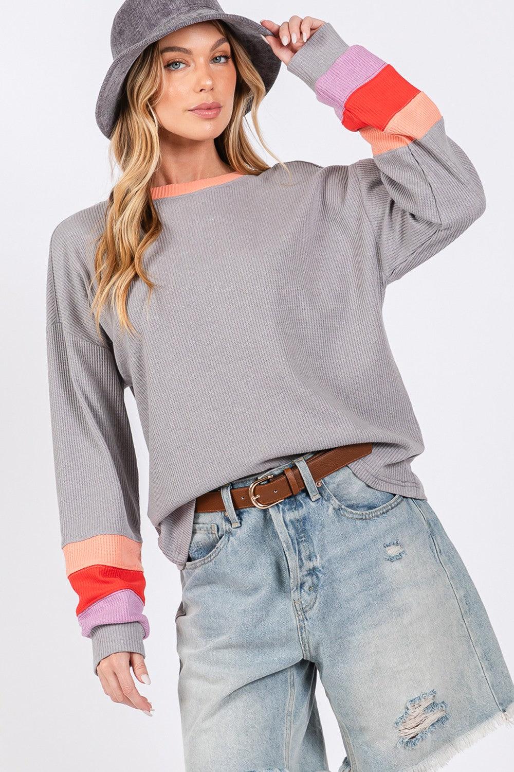 SAGE + FIG Color Block Waffle Knit T-Shirt Grey T-Shirts