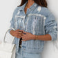 Sequin Fringe Trim Distressed Button Up Denim Jacket - DAVERRI FASHIONS