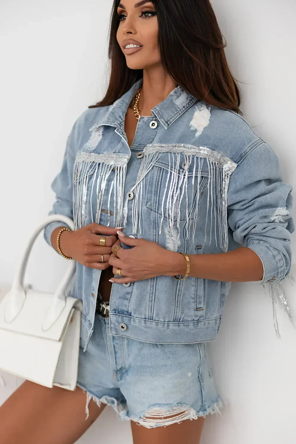 Sequin Fringe Trim Distressed Button Up Denim Jacket - DAVERRI FASHIONS