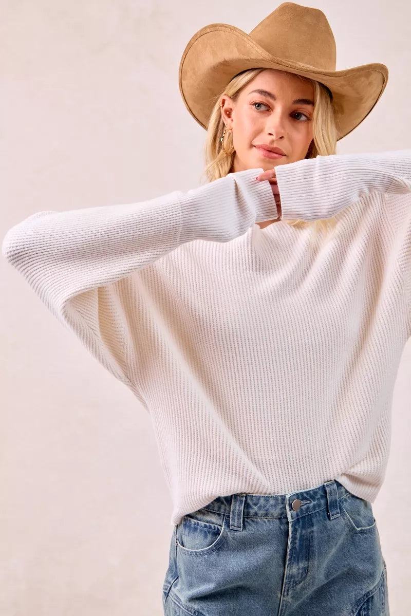 Cream-colored ribbed BiBi waffle knit off-shoulder sweater