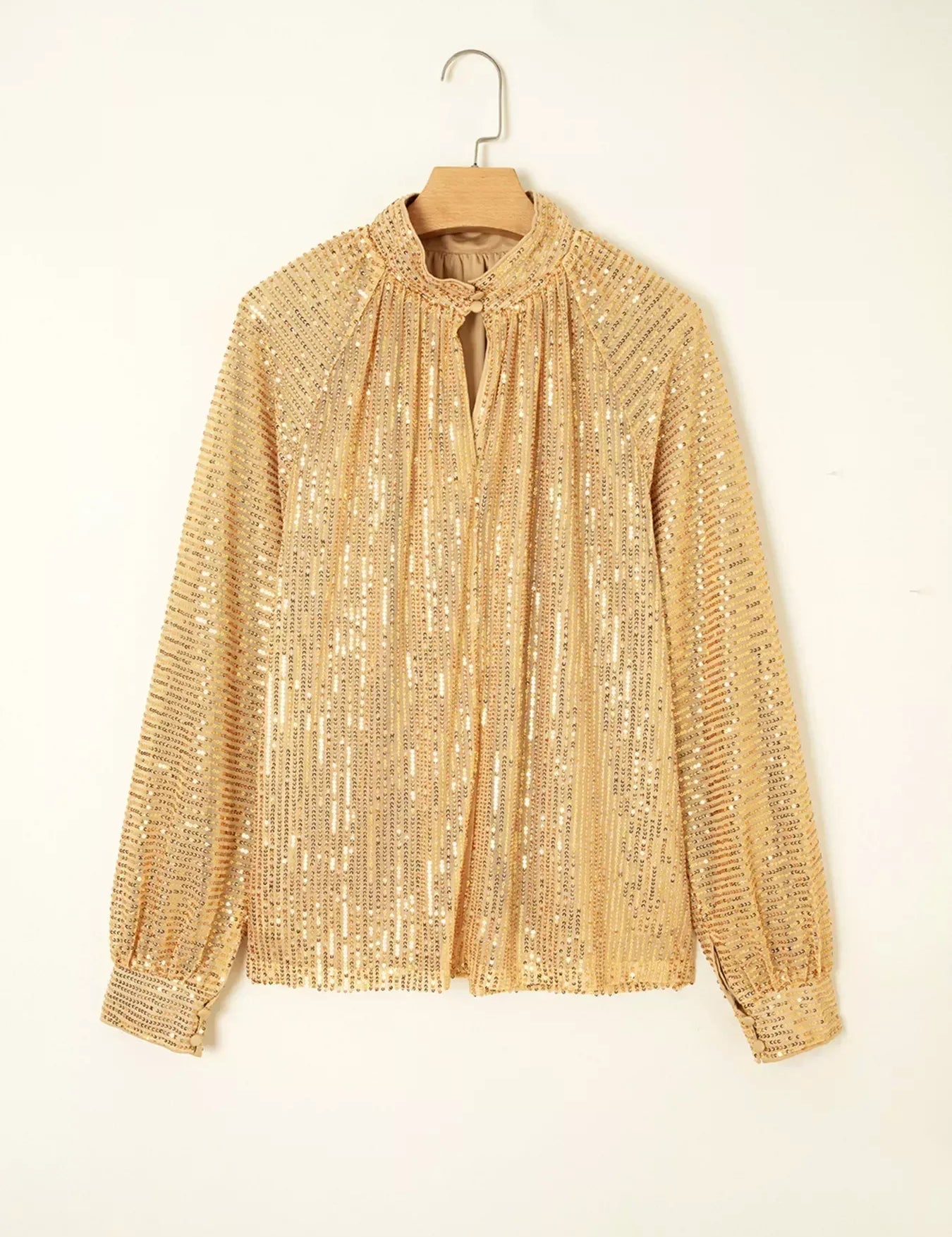 Metallic Balloon Sleeve Buttoned High Neck Loose Blouse - DAVERRI FASHIONS