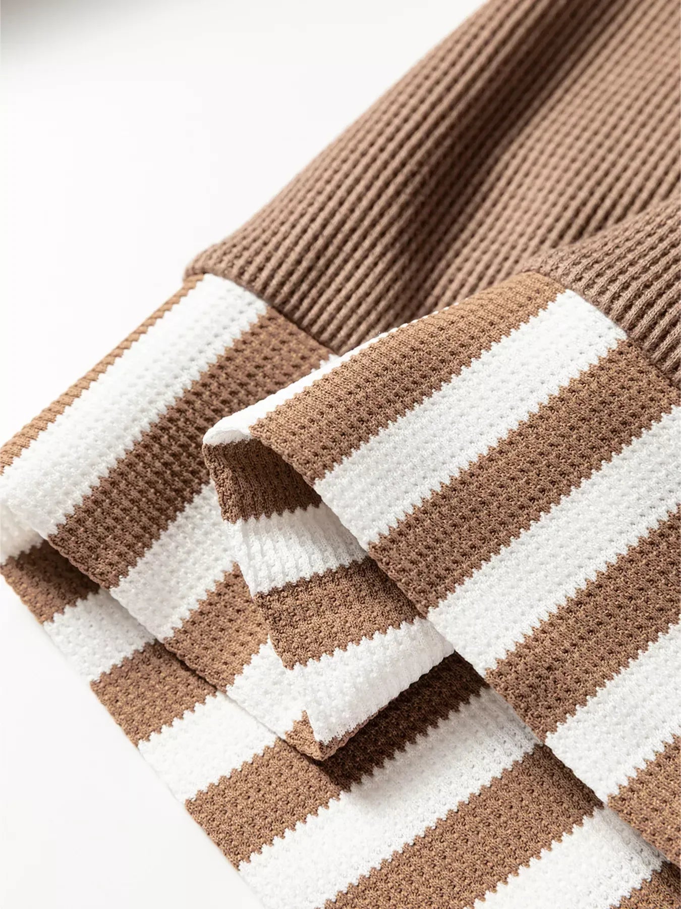 Waffle Texture Striped Patchwork Button Neck Drawstring Hoodie - DAVERRI FASHIONS