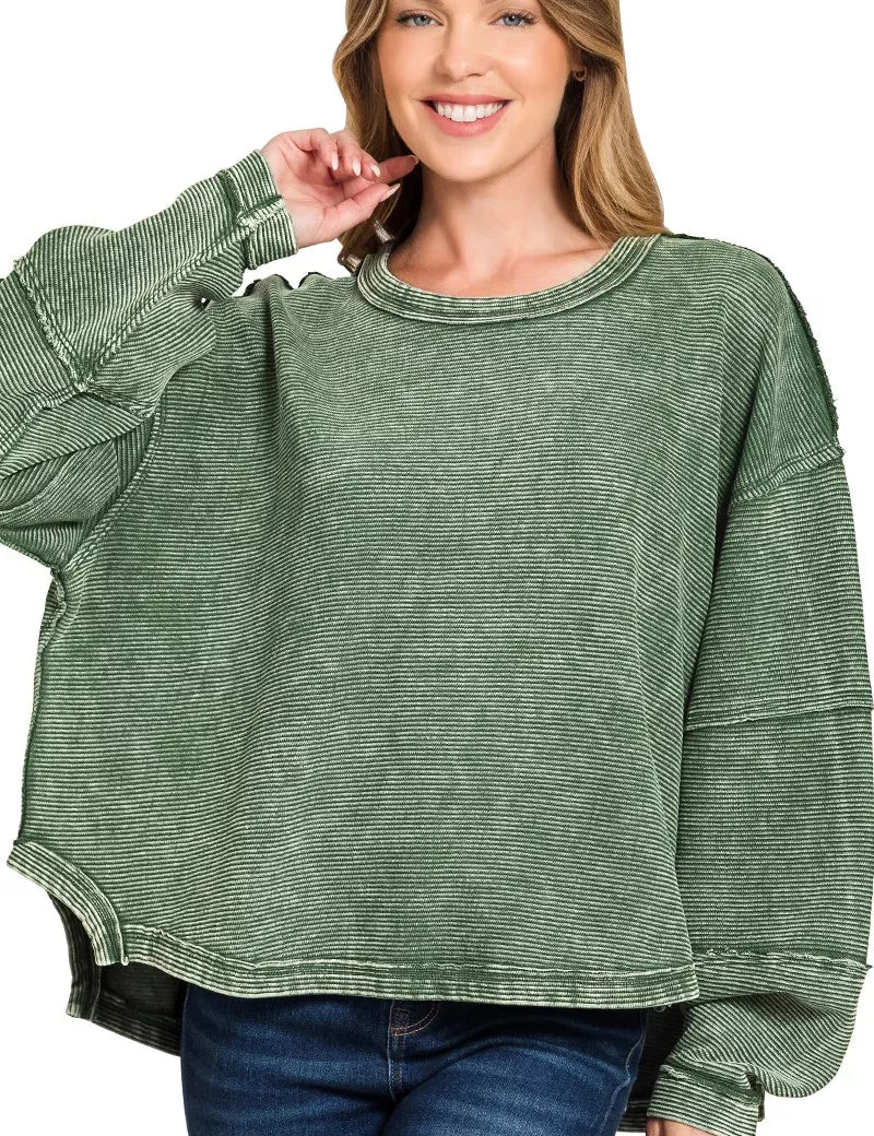 DK GREEN L XL Zenana Acid Washed Exposed-Seam Sweatshirt | Sweatshirts Daverri Fashions