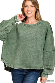 DK GREEN L XL Zenana Acid Washed Exposed-Seam Sweatshirt | Sweatshirts Daverri Fashions