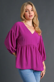 Umgee Full Size V-Neck Puffed 3/4 Sleeve Babydoll Blouse Plus Size | Blouses Daverri Fashions