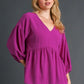 Umgee Full Size V-Neck Puffed 3/4 Sleeve Babydoll Blouse Plus Size Blouses