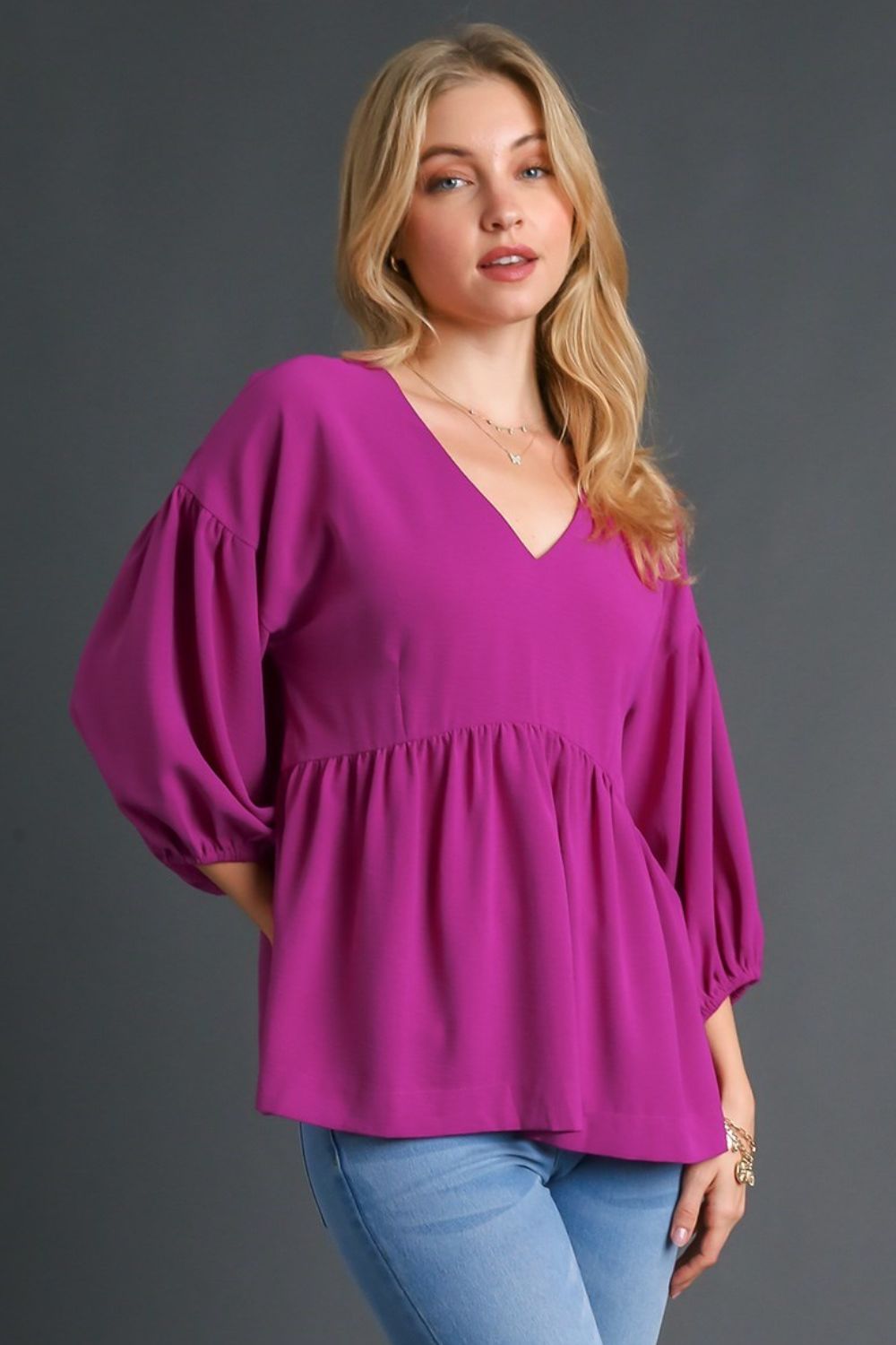 Umgee Full Size V-Neck Puffed 3/4 Sleeve Babydoll Blouse Plus Size Blouses