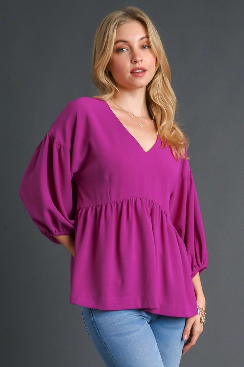 Umgee Full Size V-Neck Puffed 3/4 Sleeve Babydoll Blouse Plus Size Blouses
