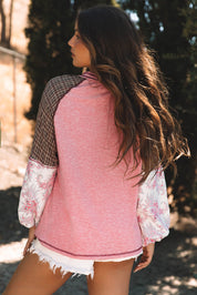 Fushia Mixed Print Raglan Sleeve Ribbed Knit Patchwork Blouse | Blouses Daverri Fashions