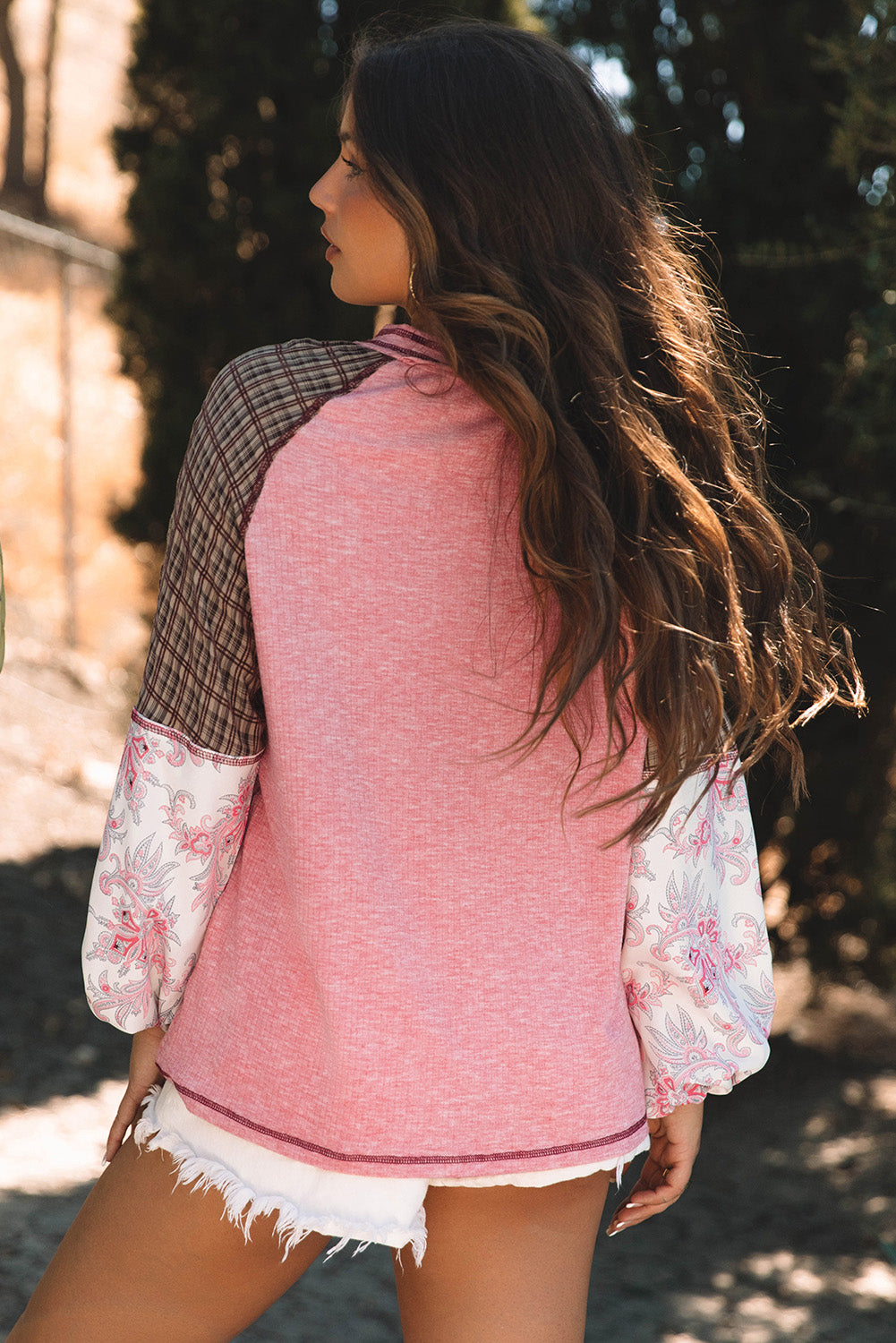 Fushia Mixed Print Raglan Sleeve Ribbed Knit Patchwork Blouse | Blouses Daverri Fashions