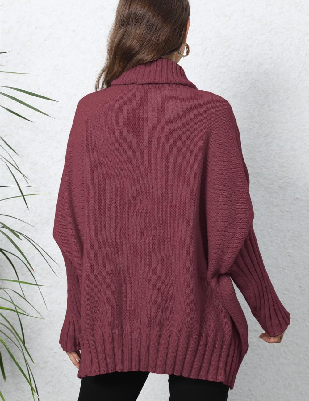 Oversized maroon ribbed turtleneck sweater with balloon sleeves