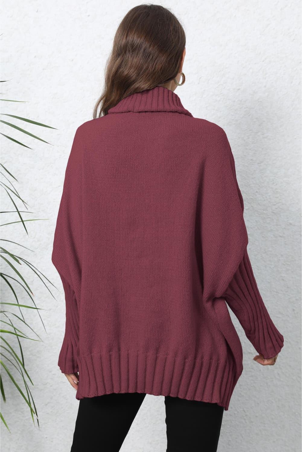 Oversized maroon ribbed turtleneck sweater with balloon sleeves