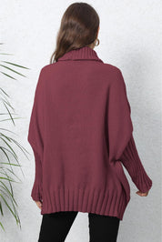 Oversized maroon ribbed turtleneck sweater with balloon sleeves