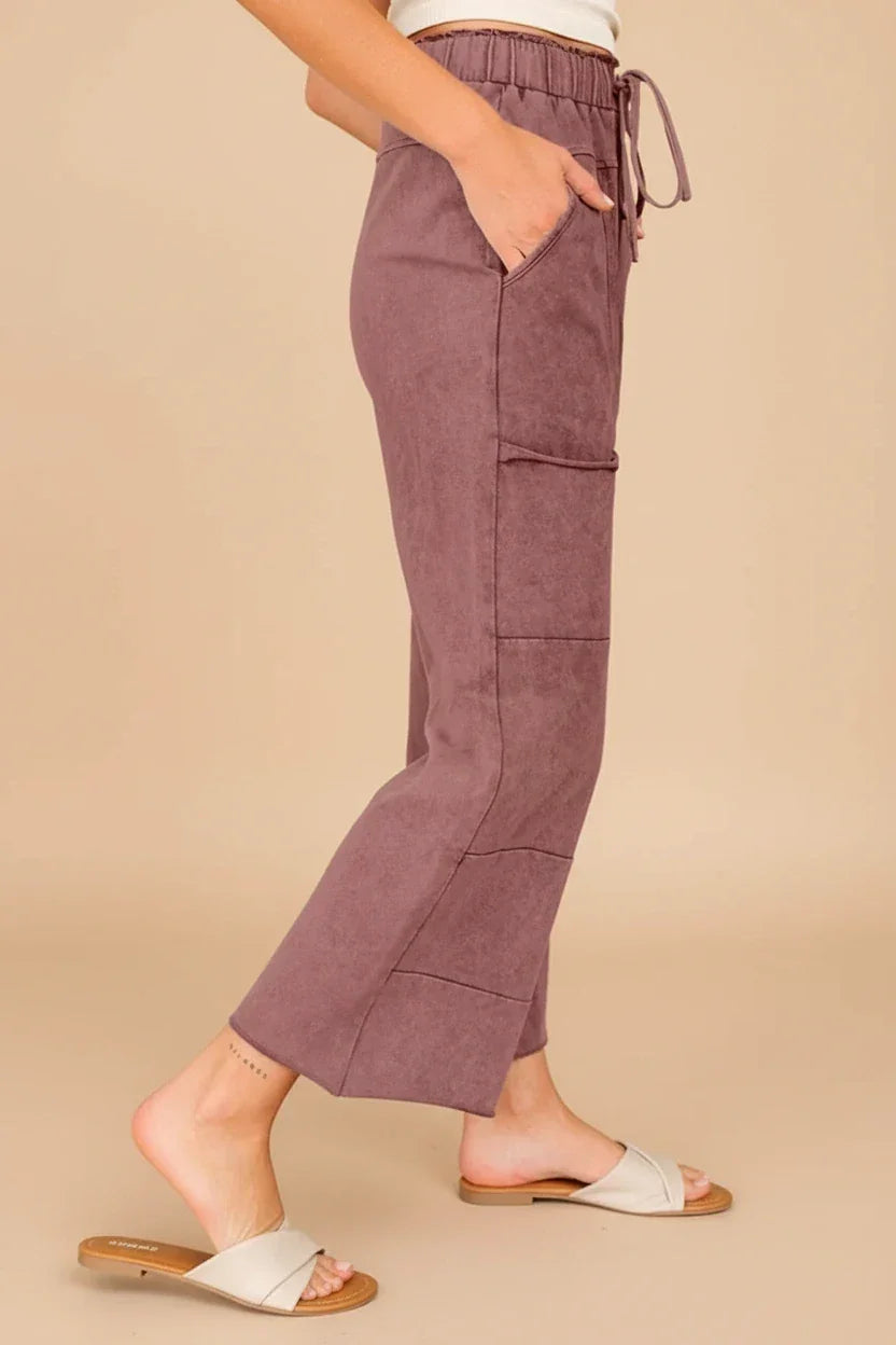 Mauve washed cotton wide leg pants by Daverri Fashions with drawstring waist