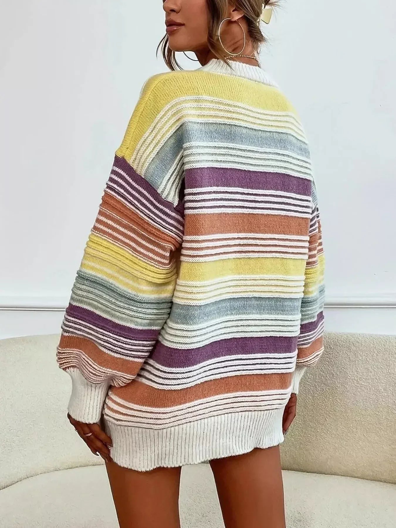 Rainbow Striped Drop Shoulder Oversized Sweater - DAVERRI FASHIONS
