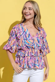 MAUVE MULTI And The Why Printed Lantern Sleeve Blouse | Daverri Fashions