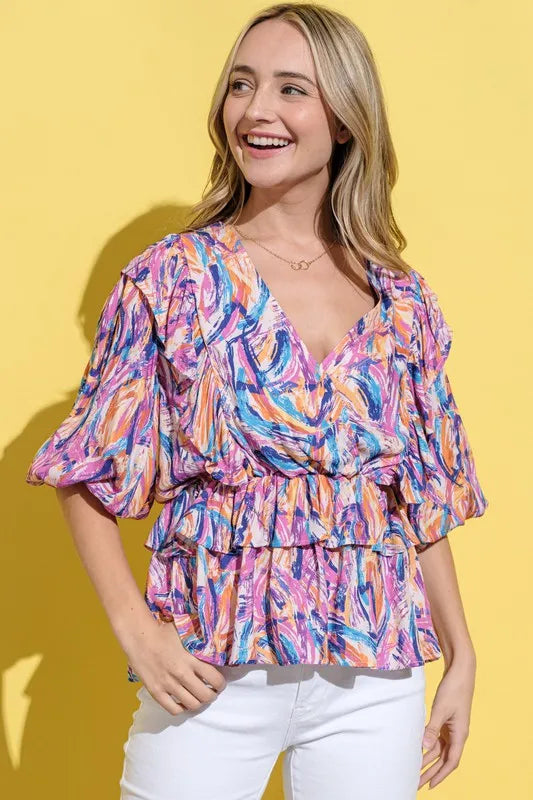 MAUVE MULTI And The Why Printed Lantern Sleeve Blouse | Daverri Fashions