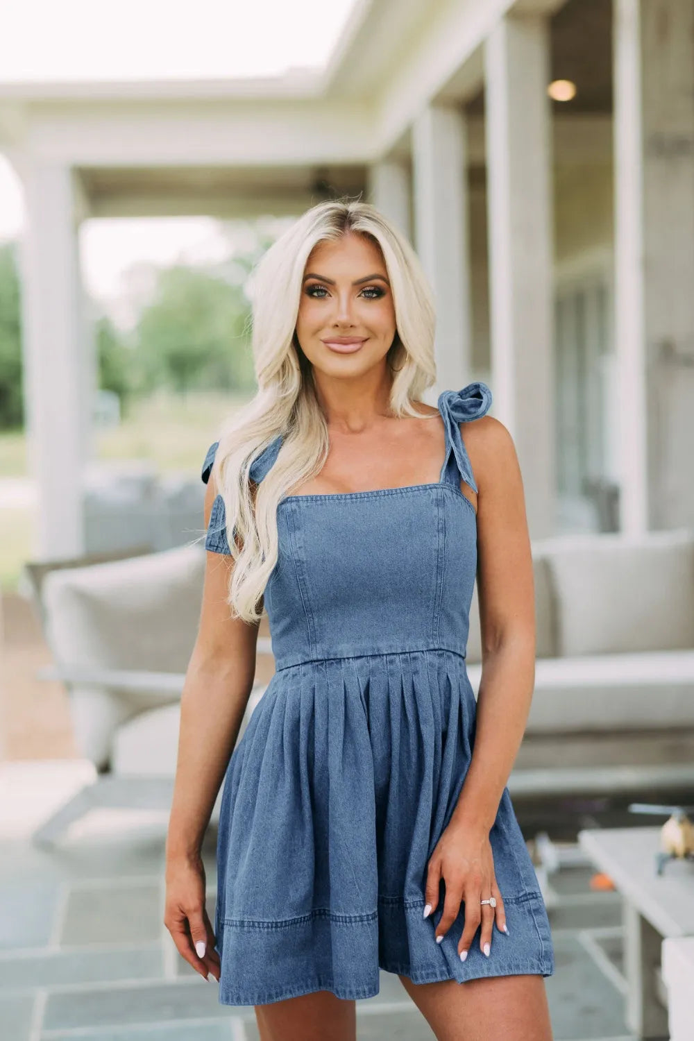 Square Neck Tie Shoulder Denim Dress | Mini Dresses Daverri Fashions