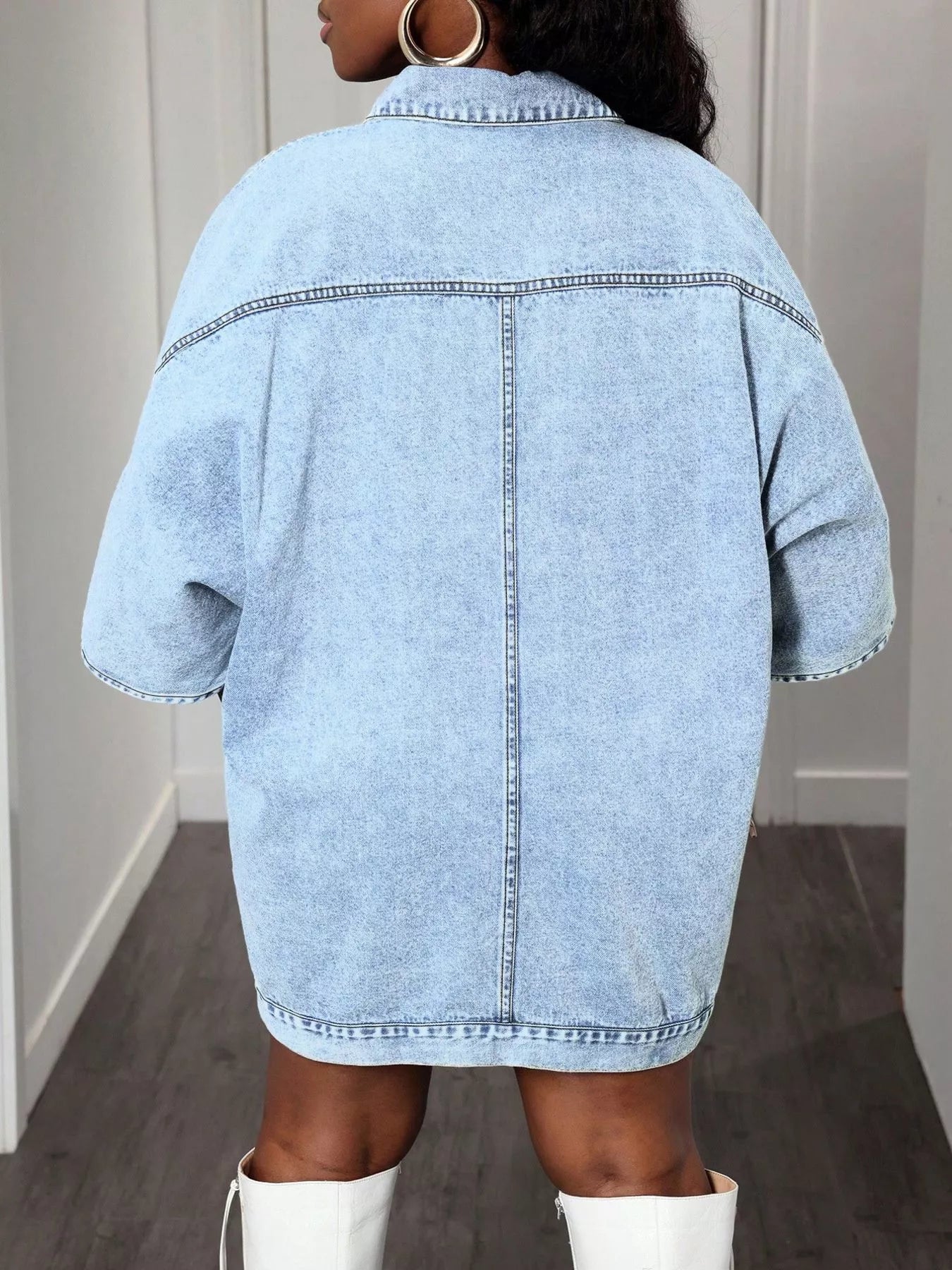 Oversized batwing sleeve light-wash denim jacket top