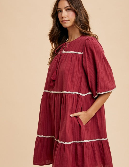 Annie Wear Tassel Contrast Trim Tie Neck Half Sleeve Tiered Dress Midi Dresses