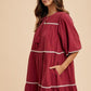 Annie Wear Tassel Contrast Trim Tie Neck Half Sleeve Tiered Dress - DAVERRI FASHIONS