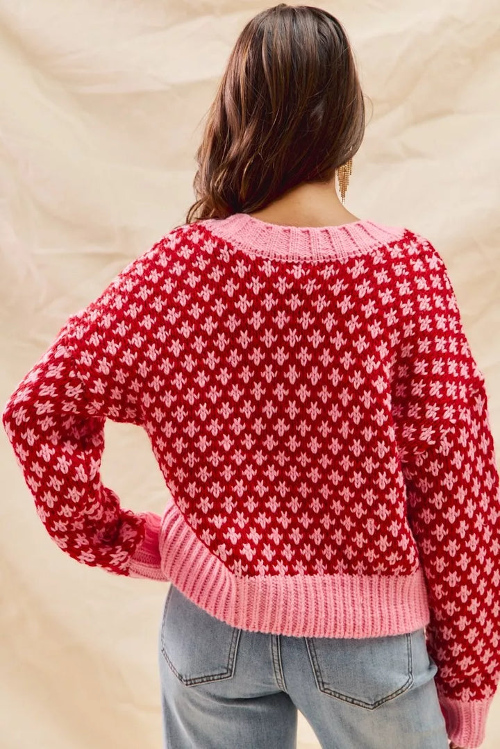 SO ME Color Block Textured Christmas Sweater V Neck Top | Sweaters Daverri Fashions