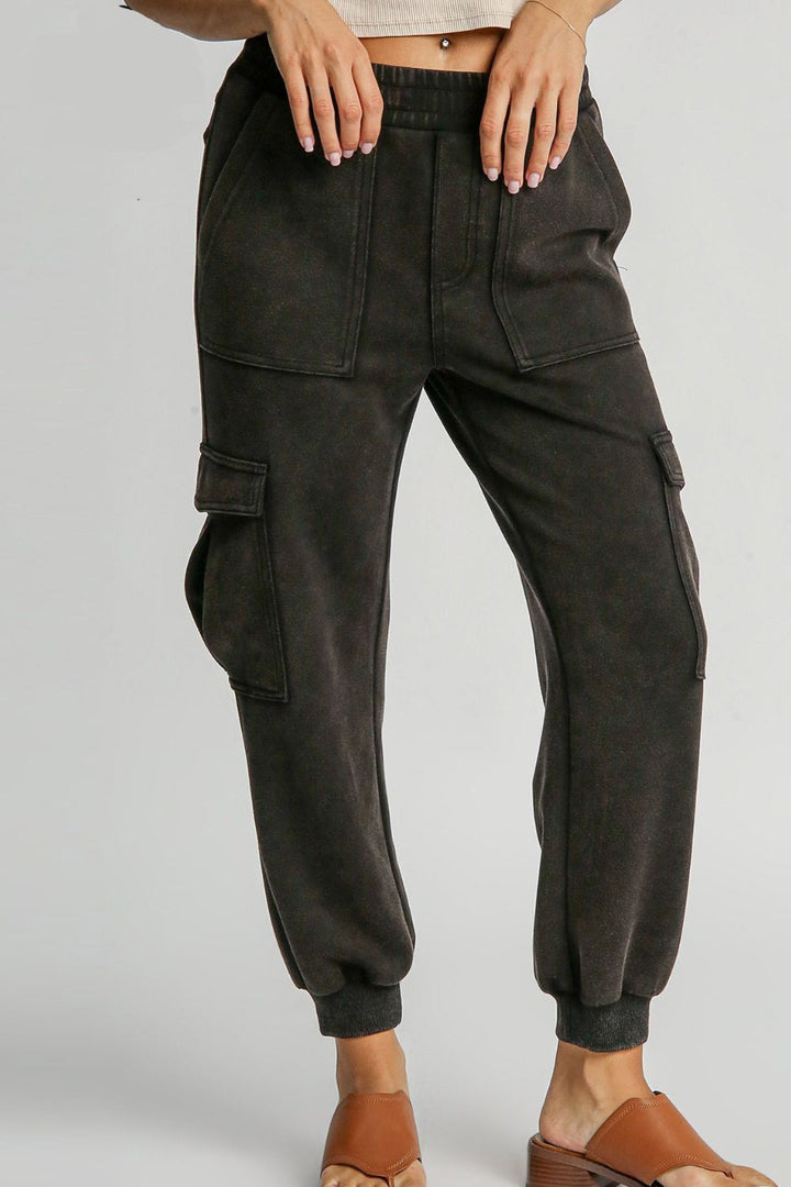 Umgee Full Size Mineral Washed Elastic Waist Cargo Pants Black Cargo Pants