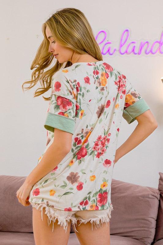 BiBi Floral Button Detail Round Neck Short Sleeve Terry T-Shirt - DAVERRI FASHIONS