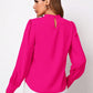 Vibrant fuchsia ruched mock neck long sleeve blouse with puffed sleeves