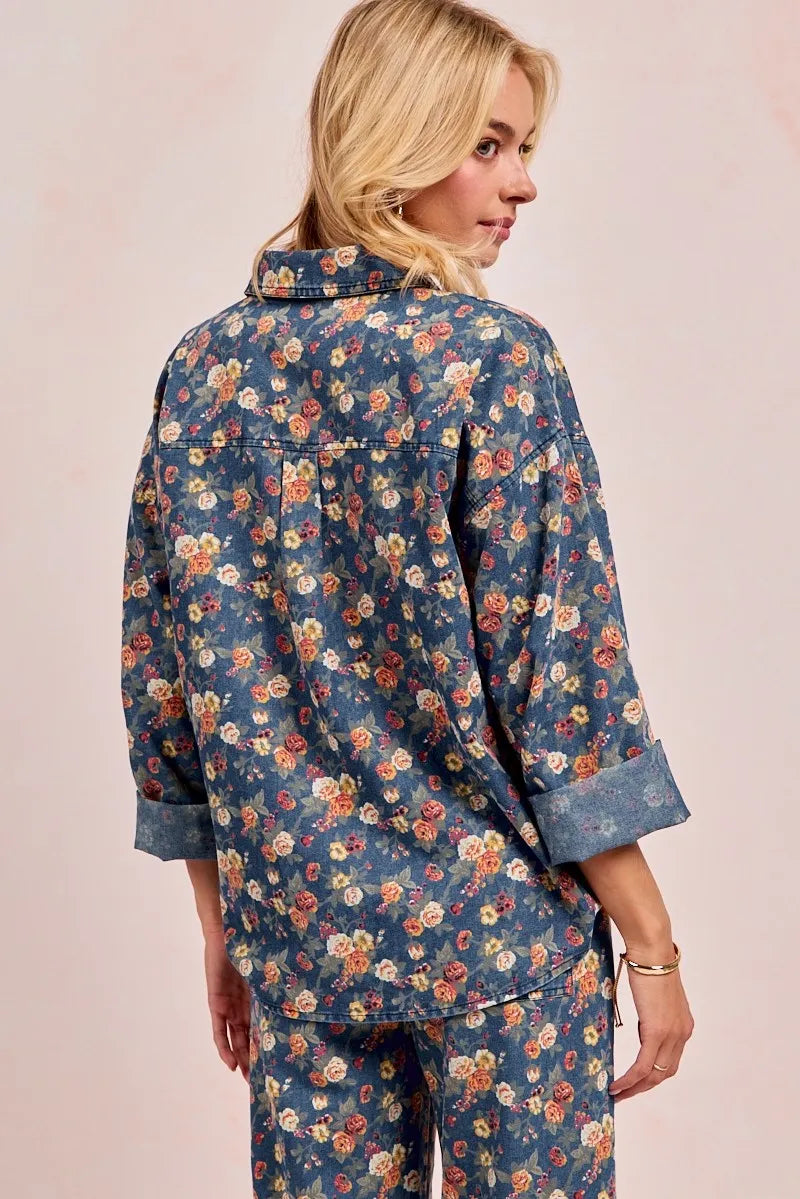 BiBi Washed Floral Print Denim Jacket Shackets