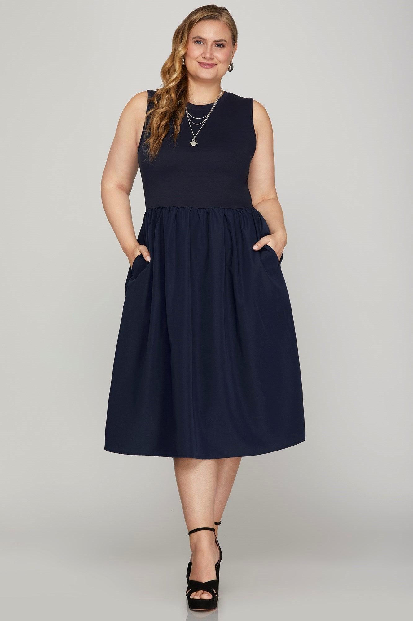 She + Sky Full Size Sleeveless Poplin Woven Midi Dress with Pockets Plus Size Midi Dreses