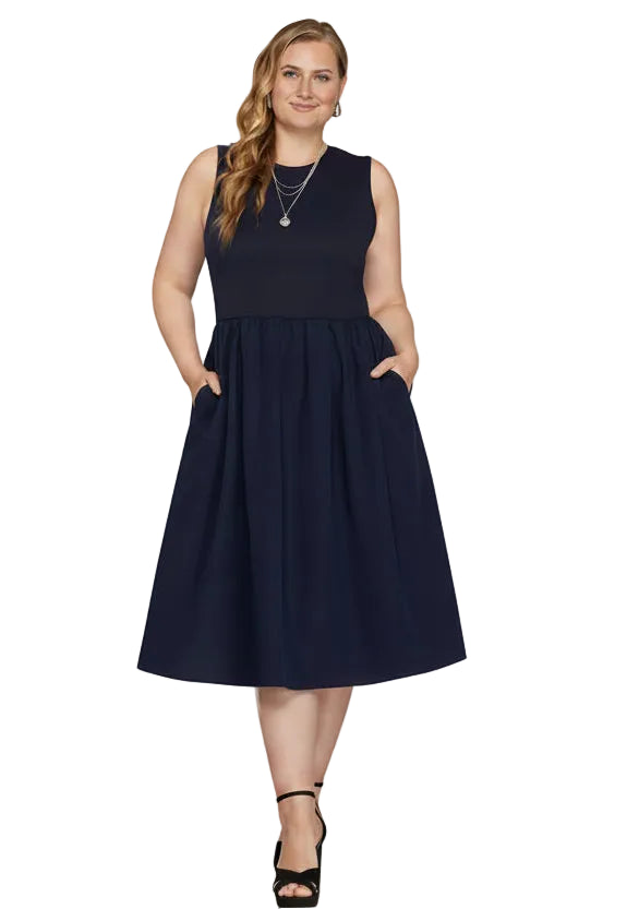 She + Sky plus size navy blue sleeveless A-line midi dress with pockets