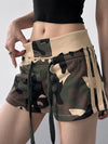 Camouflage drawstring shorts with beige ribbed waistband and side stripes