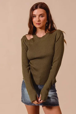 SO ME Rib Knit Top with Shoulder Cut Out - DAVERRI FASHIONS