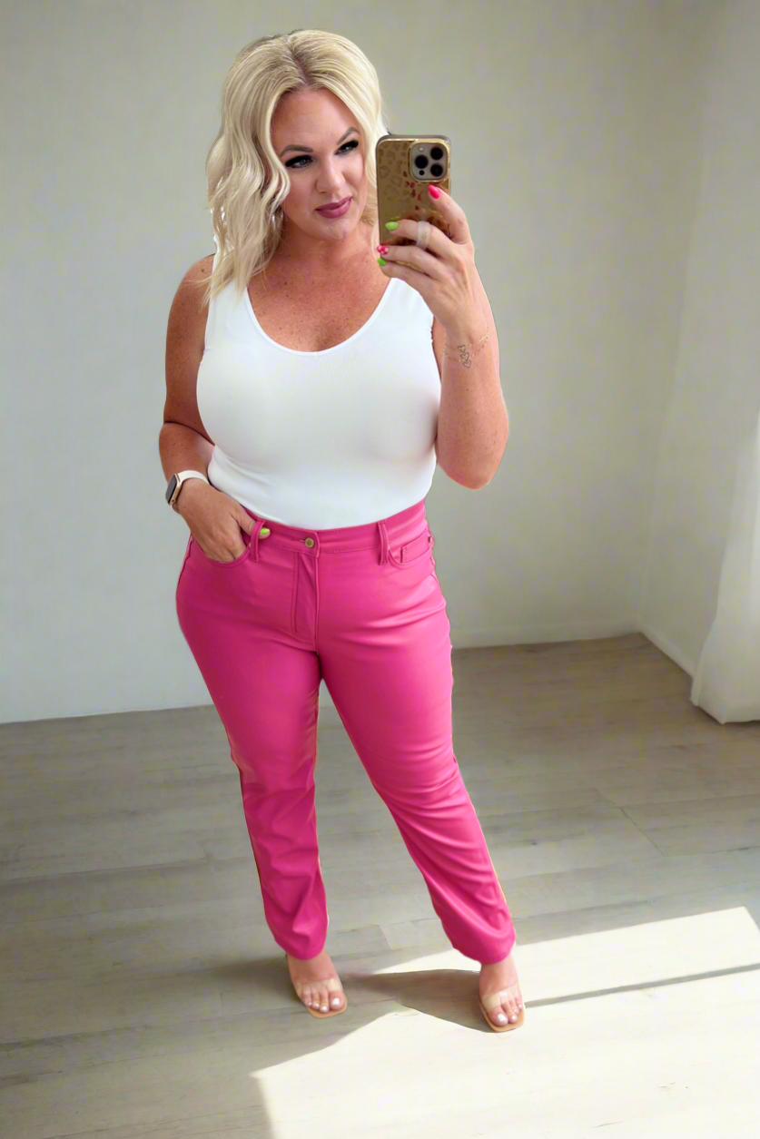 Judy Blue Control Top Faux Leather Pants in Hot Pink