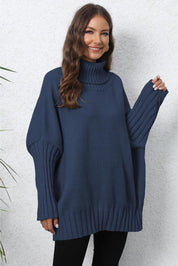 Navy blue oversized turtleneck sweater with ribbed long sleeves