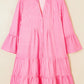 Pink white striped tiered flowy mini dress with flared 3/4 sleeves
