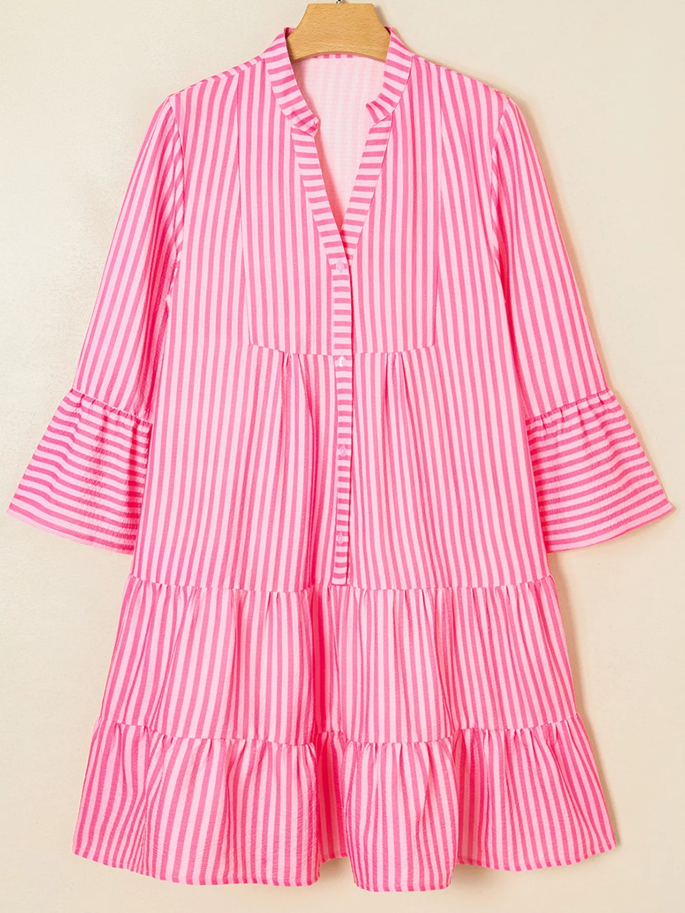 Pink white striped tiered flowy mini dress with flared 3/4 sleeves