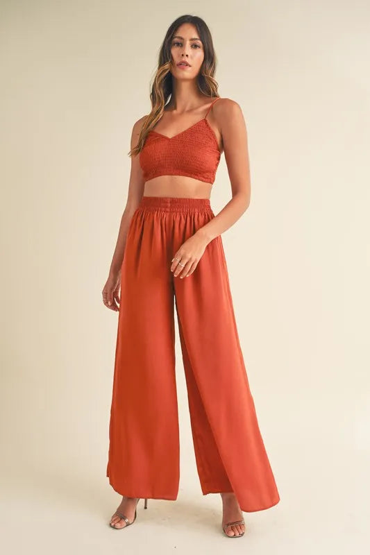 MABLE Smocked Bralette Crop Top and Wide Leg Pants Set Rust