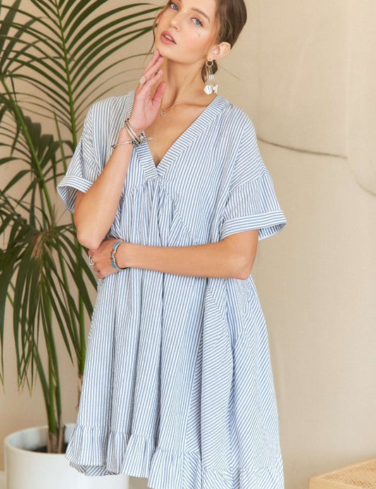 ADORA Ruffled Hem Striped V-Neck Babydoll Dress Light Blue