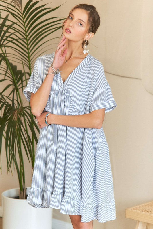 ADORA Ruffled Hem Striped V-Neck Babydoll Dress Light Blue Babydoll Dresses