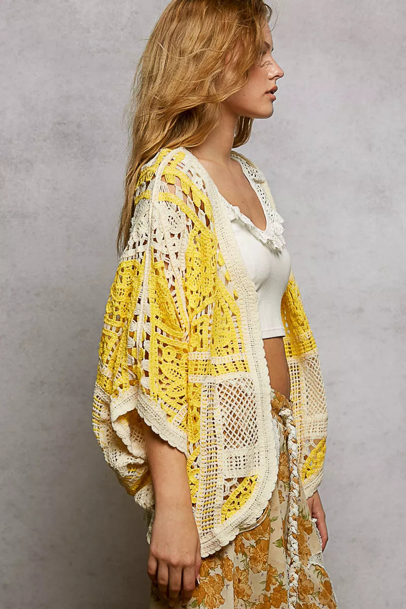 Yellow and cream POL open front crochet cardigan with lace patterns
