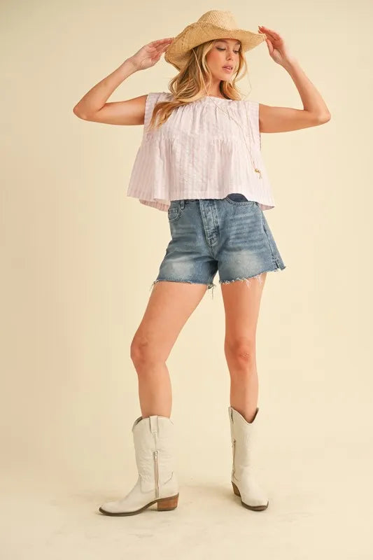 Aemi+Co Ruched Striped Round Neck Sleeveless Top Tops