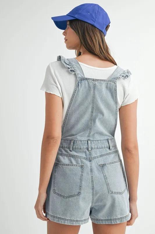 MABLE Square Neck Ruffle Shoulder Denim Overall Romper Shortalls